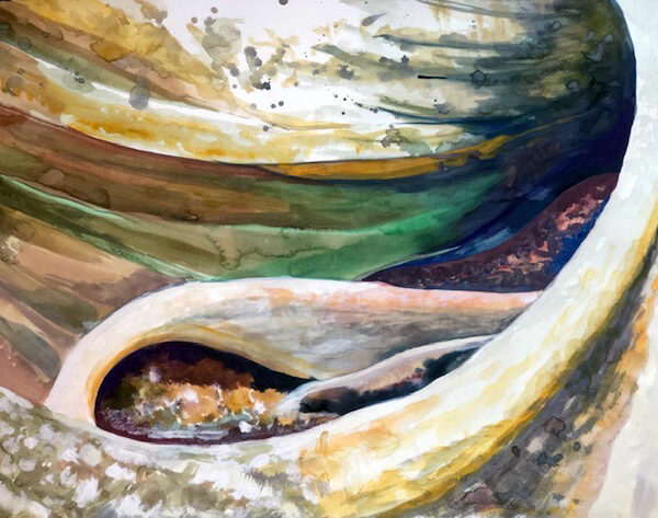 Painting of a close up view of a root system from a banyan tree.