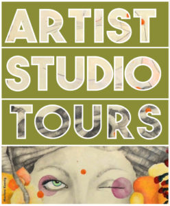 "ARTIST STUDIO TOURS" cut out of natural green colored box over an illustration of a woman winking with bright yellow and orange shapes on her face.