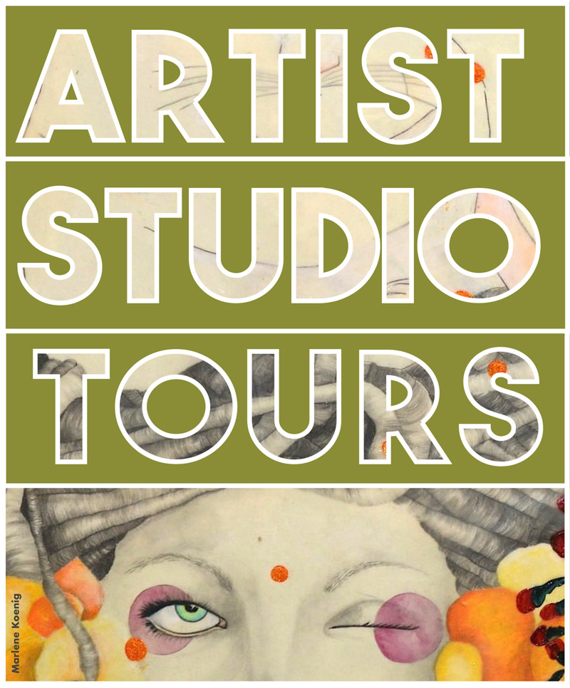 "ARTIST STUDIO TOURS" cut out of natural green colored box over an illustration of a woman winking with bright yellow and orange shapes on her face.