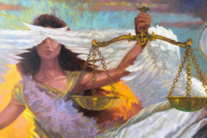 Acrylic painting of an angel holding scales representing justice.