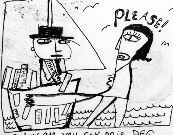 Sketch of a woman saying "PLEASE!" and taking a book from a man on a boat titled "When all you can do is BEG."