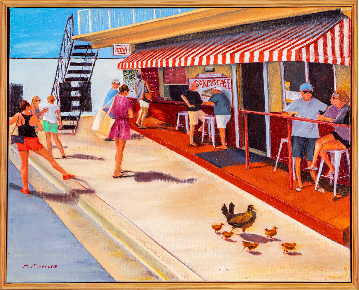Painting of a cafe front with red and white striped awning with several people standing around out front and a hen with four chicks.