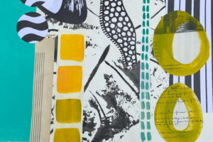 Collage of papers with different textures in yellows, teal, black, white and lime green.