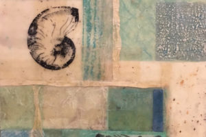 Encaustic with rice papers, transfers, tape and oil stick in teal, cream and blue color waxes.
