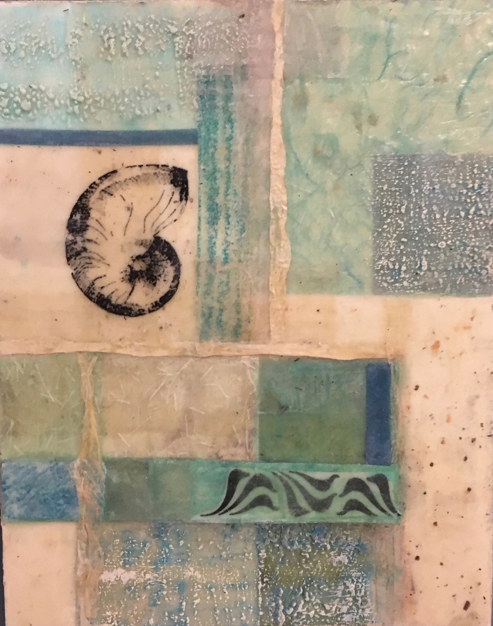 Encaustic with rice papers, transfers, tape and oil stick in teal, cream and blue color waxes.