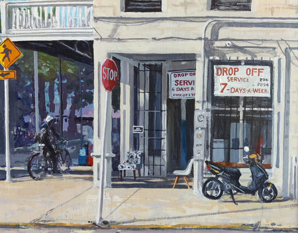 Painting of a street corner showing a laundromat and scooter.