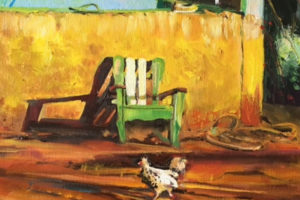 Oil painting of a hen crossing a bright orange and yellow road in front of a green Adirondack chair.