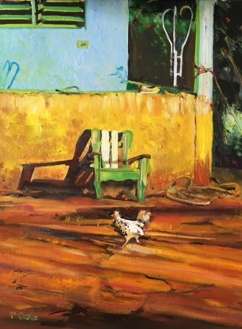 Oil painting of a hen crossing a bright orange and yellow road in front of a green Adirondack chair.