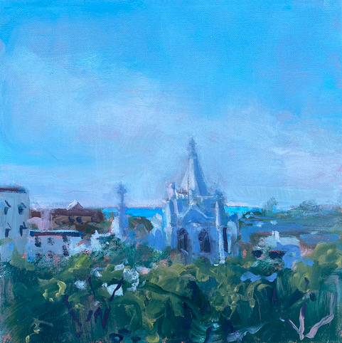 Loose painting of a steeple rooftop in oil, mostly sky with tree tops in foreground.