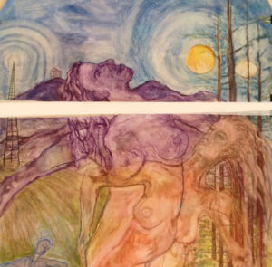 Ethereal self portrait, two woman one in purple and one in orange overlapping with a night sky behind.