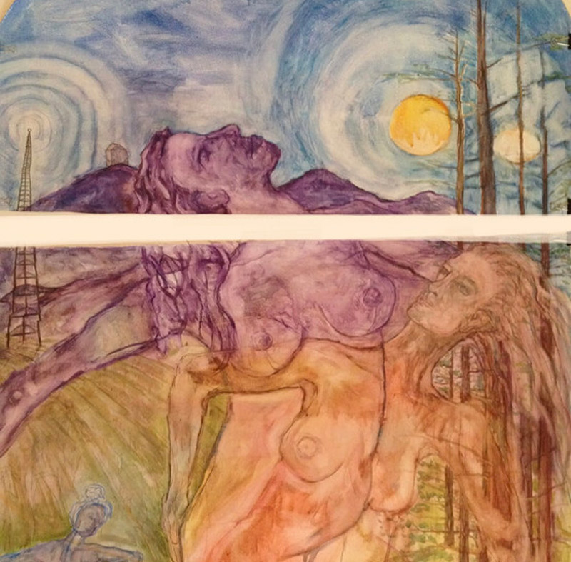 Ethereal self portrait, two woman one in purple and one in orange overlapping with a night sky behind.
