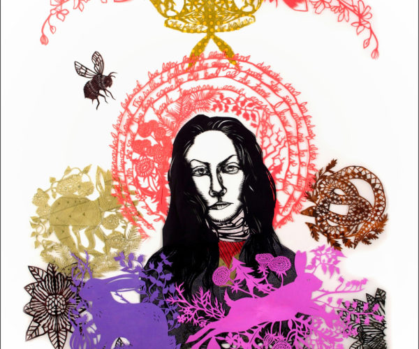 Papercut artwork of a woman in black and white and patterns in red, gold, purple and pink around her.