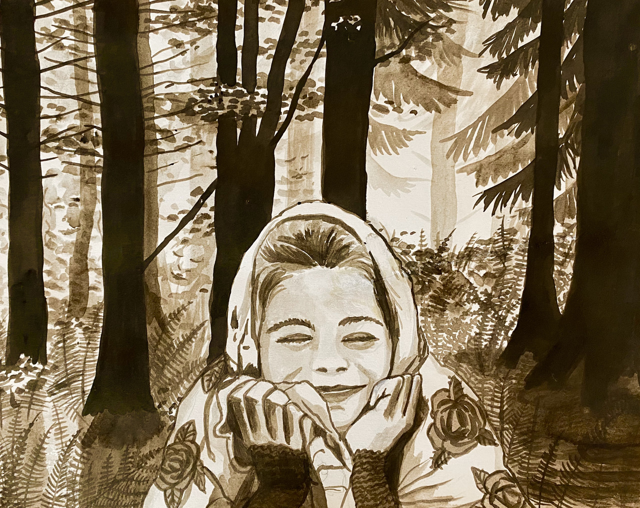 Sepia tone drawing of a young girl smiling in a forest.