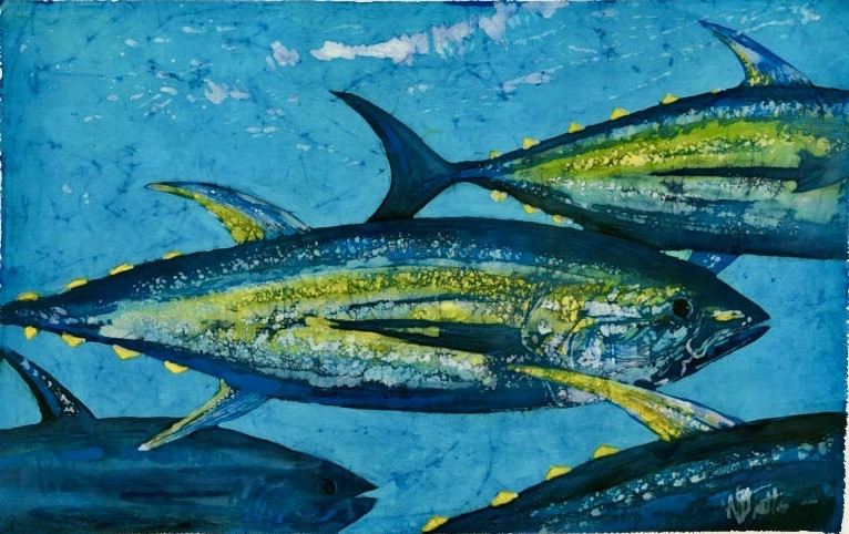 School of tuna fish drawn on fabric in blue, yellow and green waxes and dyes.