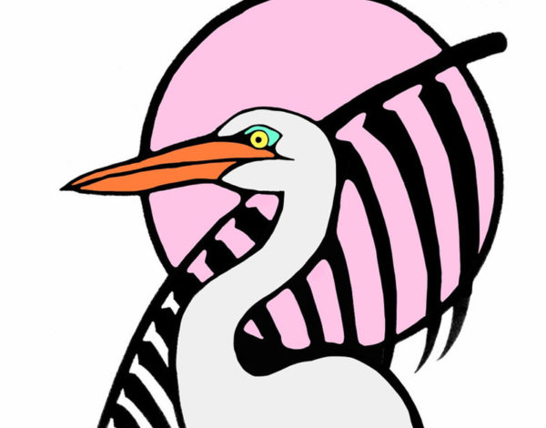 White crane illustration with a black palm frond and pink circle behind.