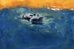 Encaustic work of a child's face floating in blue water with an orange and yellow sky.