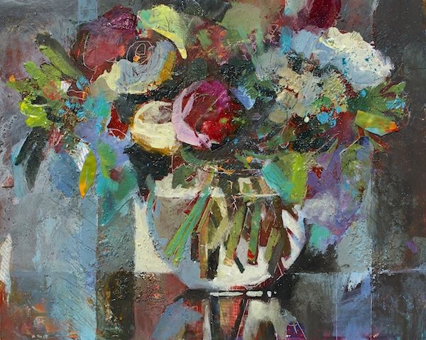 Mixed media multi-colored abstract still life of a vase of flowers.