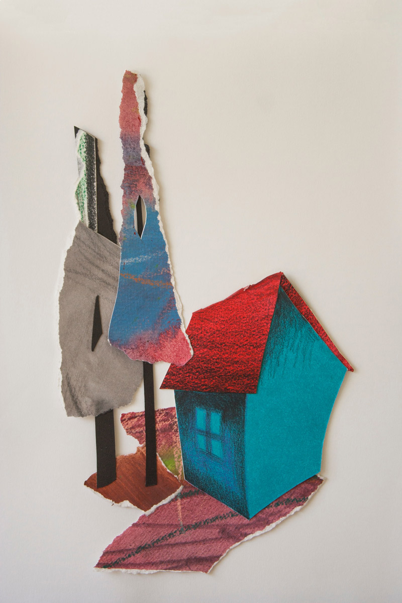 Collage of a house with two trees in blue and red papers.