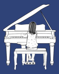 Illustration of a young girl from the back playing a piano with the cover open in black and white with a blue background.