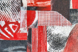 Red grey and white collage with hand stamped rice papers.