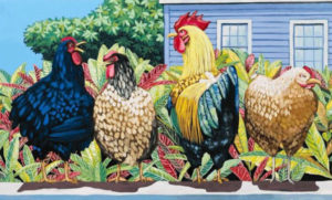 Painted image of three hens and one rooster in front of a blue house and tropical plants.