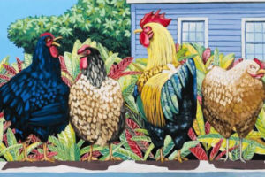 Painted image of three hens and one rooster in front of a blue house and tropical plants.