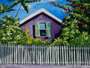 Acrylic painting of a purple house with green shutters surrounded by bushes with a white picket fence in front.