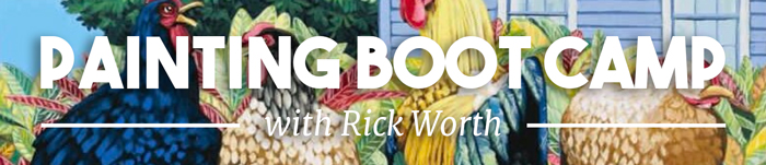 "PAINTING BOOT CAMP with Rick Worth" in white text over painted image of chickens.