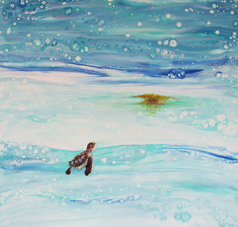 Paint poured on canvas in blues and white to represent the sea with a small baby sea turtle painted on top swimming away towards a patch of grass.