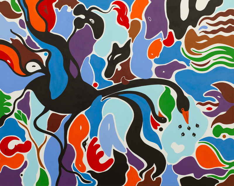 Abstract shapes in blue, red, orange, brown, purple and black squiggle and interact across a canvas. Silhouette of a swan is the only recognizable shape.