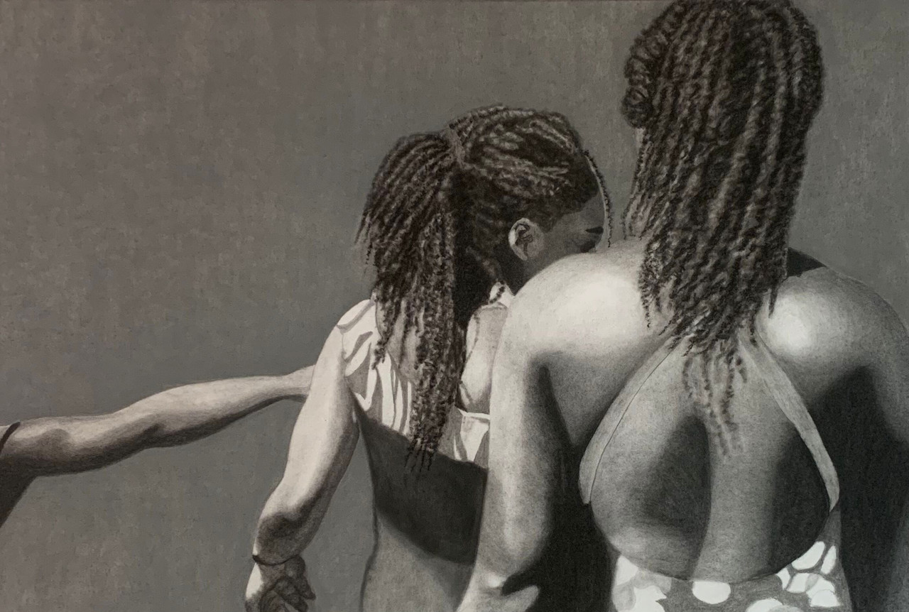 Retson’s richly-hued black and white figure drawings offer up an unexpected perspective, capturing her subjects from behind. Her drawings are built up over time, using pencil, paper, charcoal and chalk.