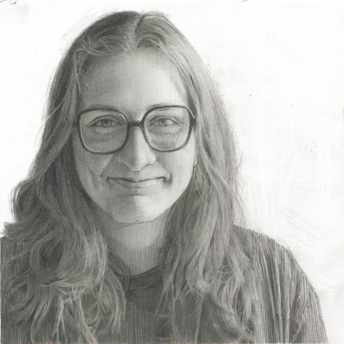 Pencil drawing of a woman with glasses and long hair smirking.