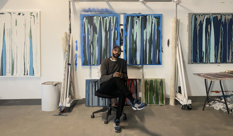 John Black creates abstract artworks that develop into a language throughout color study and formations, allowing a sense of meditation through techniques and methods. His art also deepens his connection with his ancestors, relaying emotion and pushing conversation on heritage.