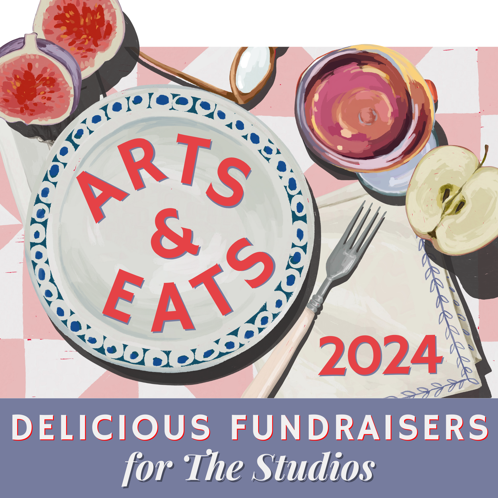 graphic with plate and checked tablecloth that says Arts & Eats