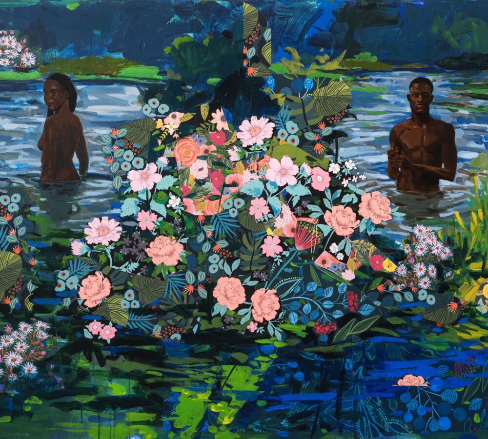 Painting titled “Garden of Love” by ransome. Two figures stand waist-deep in water, one facing forward and the other looking back over their shoulder. Between them, a lush cluster of vividly patterned flowers and foliage bursts in the foreground, contrasting with the dark blues and greens of the surrounding water and landscape.