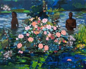 Painting titled “Garden of Love” by ransome. Two figures stand waist-deep in water, one facing forward and the other looking back over their shoulder. Between them, a lush cluster of vividly patterned flowers and foliage bursts in the foreground, contrasting with the dark blues and greens of the surrounding water and landscape.