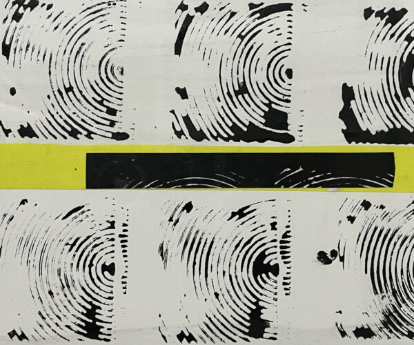 HEIN Minimalist artwork featuring circular black patterns resembling tree rings, with a horizontal yellow and black stripe cutting across the center.