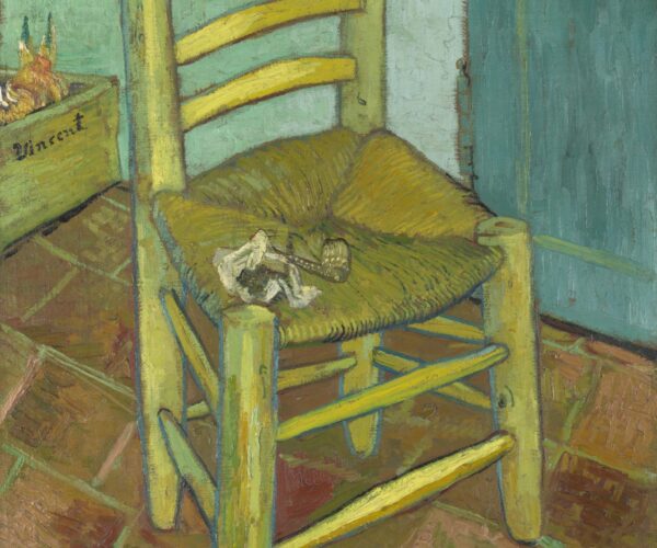 Vincent_Willem_van_Gogh_138 Famous Vincent van Gogh painting of a rustic yellow wooden chair with a woven seat, pipe and pouch resting on top, placed against a green-blue wall and tiled floor.