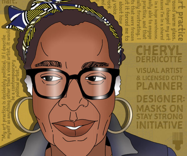 Digital artwork of Cheryl Derricotte wearing glasses, large hoop earrings, and a patterned headscarf, with text about her artistic practice and design work in the background.
