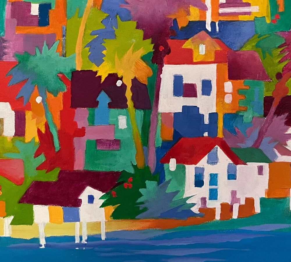 Bright, blocky painting of houses, palm trees, and foliage in vivid reds, greens, purples, and oranges, evoking a tropical town.