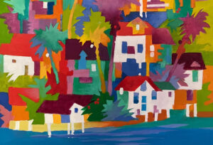 Bright, blocky painting of houses, palm trees, and foliage in vivid reds, greens, purples, and oranges, evoking a tropical town.