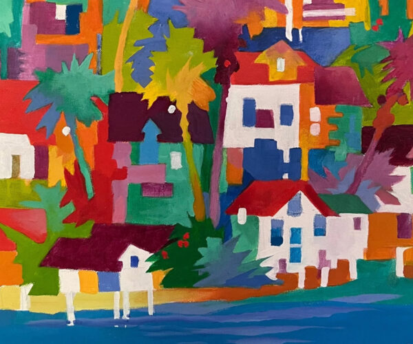 bill hartman Bright, blocky painting of houses, palm trees, and foliage in vivid reds, greens, purples, and oranges, evoking a tropical town.