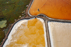 Overhead view of geometric salt ponds in orange, white, and brown tones divided by roads, with cracked textures across the surfaces.