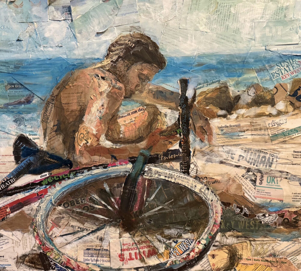 Mixed-media collage of a shirtless man resting beside a bicycle, created with layered newspaper clippings and paint, set against a rocky shoreline and ocean background.