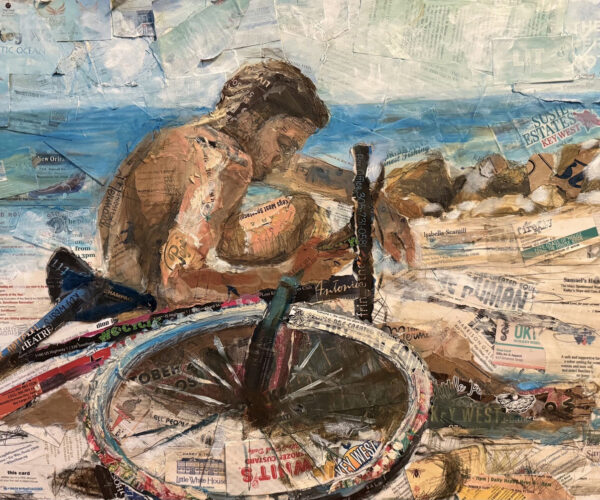 Mixed-media collage of a shirtless man resting beside a bicycle, created with layered newspaper clippings and paint, set against a rocky shoreline and ocean background.