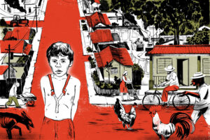 Illustration of a young boy in red suspenders standing on a bright red street lined with houses, chickens, and people on bicycles.