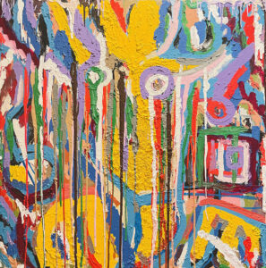 Bright, textured abstract painting with dripping streaks of yellow, red, purple, blue, and green, with circular and rectangular shapes layered throughout.