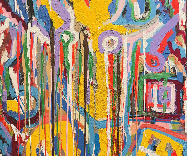 etheard Bright, textured abstract painting with dripping streaks of yellow, red, purple, blue, and green, with circular and rectangular shapes layered throughout.