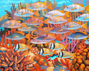 Vibrant school of fish swimming over a coral reef, depicted in bold oranges, blues, and purples with stylized details.