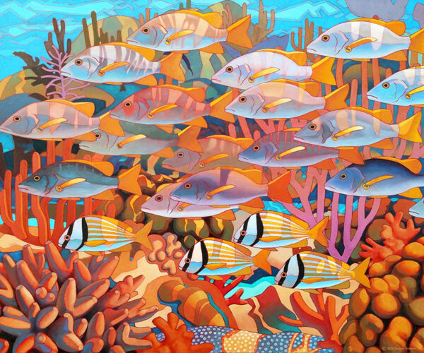 gunnar Vibrant school of fish swimming over a coral reef, depicted in bold oranges, blues, and purples with stylized details.